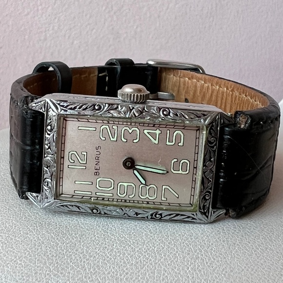 VINTAGE BENRUS ORNATE MECHANICAL TANK WATCH VASELINE GREEN FLUORESCENT UNISEX main image 5